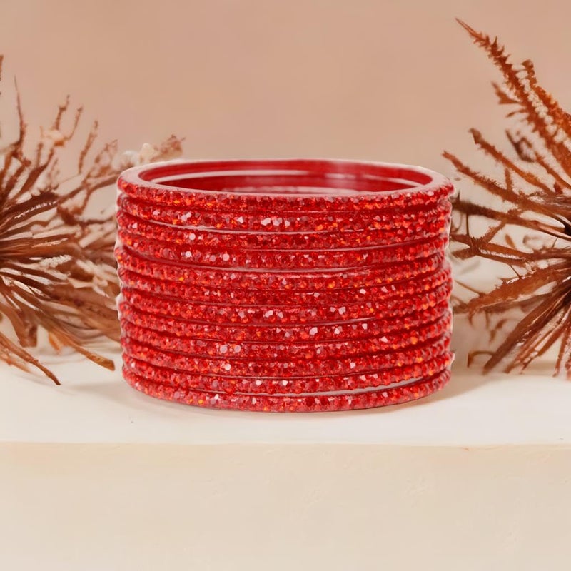 JD'Z COLLECTION Indian Bangles Jewelry For Women Bollywood Bangles Set Bridal Ethnic Wedding Partywear Costume Match CZ Stone Glass Bangle Red Size-2.8 (Red, 2.80, Inches) - Image 3